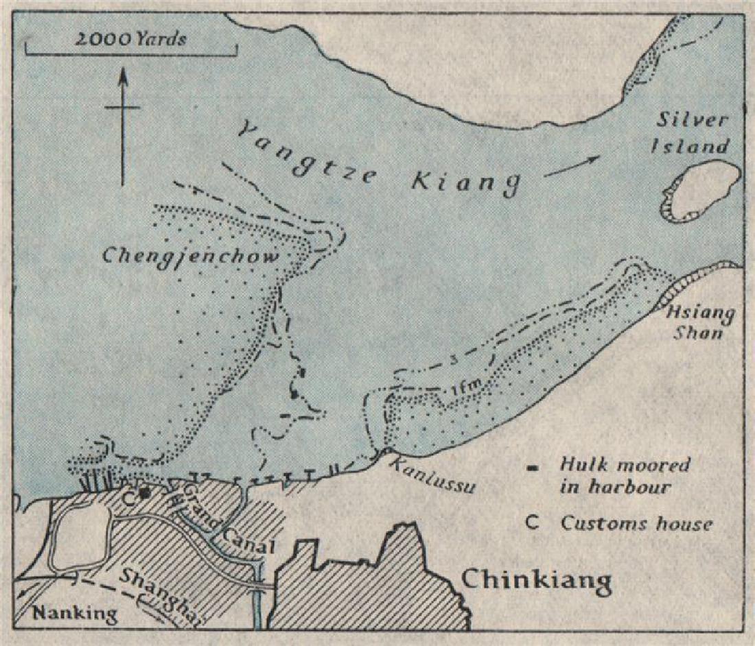 Chinkiang ZHENJIANG. China. WW2 ROYAL NAVY INTELLIGENCE: TITLE/CONTENT OF MAP: 'Fig. 58. Chinkiang' DATE PRINTED: 1945 IMAGE SIZE: Approx 7.5 x 9.0cm, 3 x 3.5 inches (Small) TYPE: Vintage Second World War naval intelligence colour map CONDITION: Fair: Verso