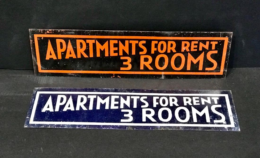 Pair Tin Apartment for Rent 3 Rooms Sign Early 20th C (1 of 3)