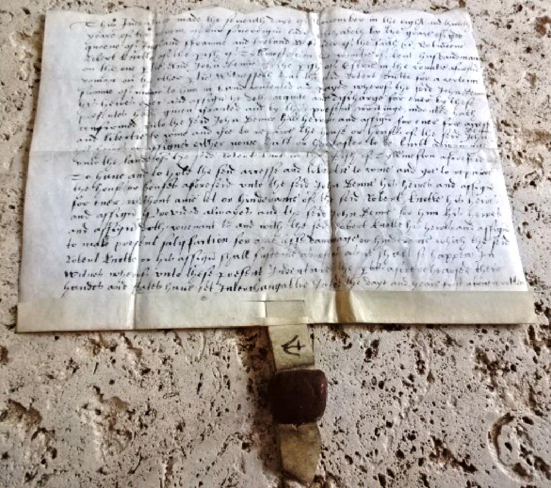 1596 Elizabethan English Vellum Deed w/ Red Wax Seal (1 of 4)