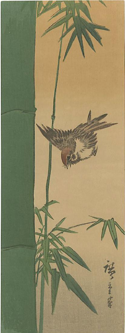 Ando Hiroshige Woodblock Sparrow and Bamboo: Artist: Ando Hiroshige Title: Sparrow and Bamboo Publisher: Nishinomiya Date: 1920s Medium: Japanese woodblock print Size: 4.25 x 11 inches Provenance: from the estate of Robert O. Muller. Please note