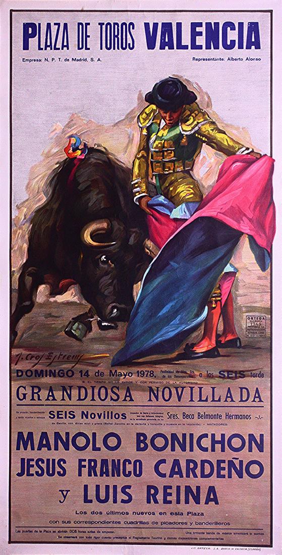 José Cros Estrems Poster Plaza de Toros Valencia: Plaza de Toros Valencia – 1978 Large-format, promotional poster illustrated by the Spanish painter José Cros Estrems José Cros Estrems (1919-2007) Lithographic poster on paper 41 3/8 x 21 ¼ inche