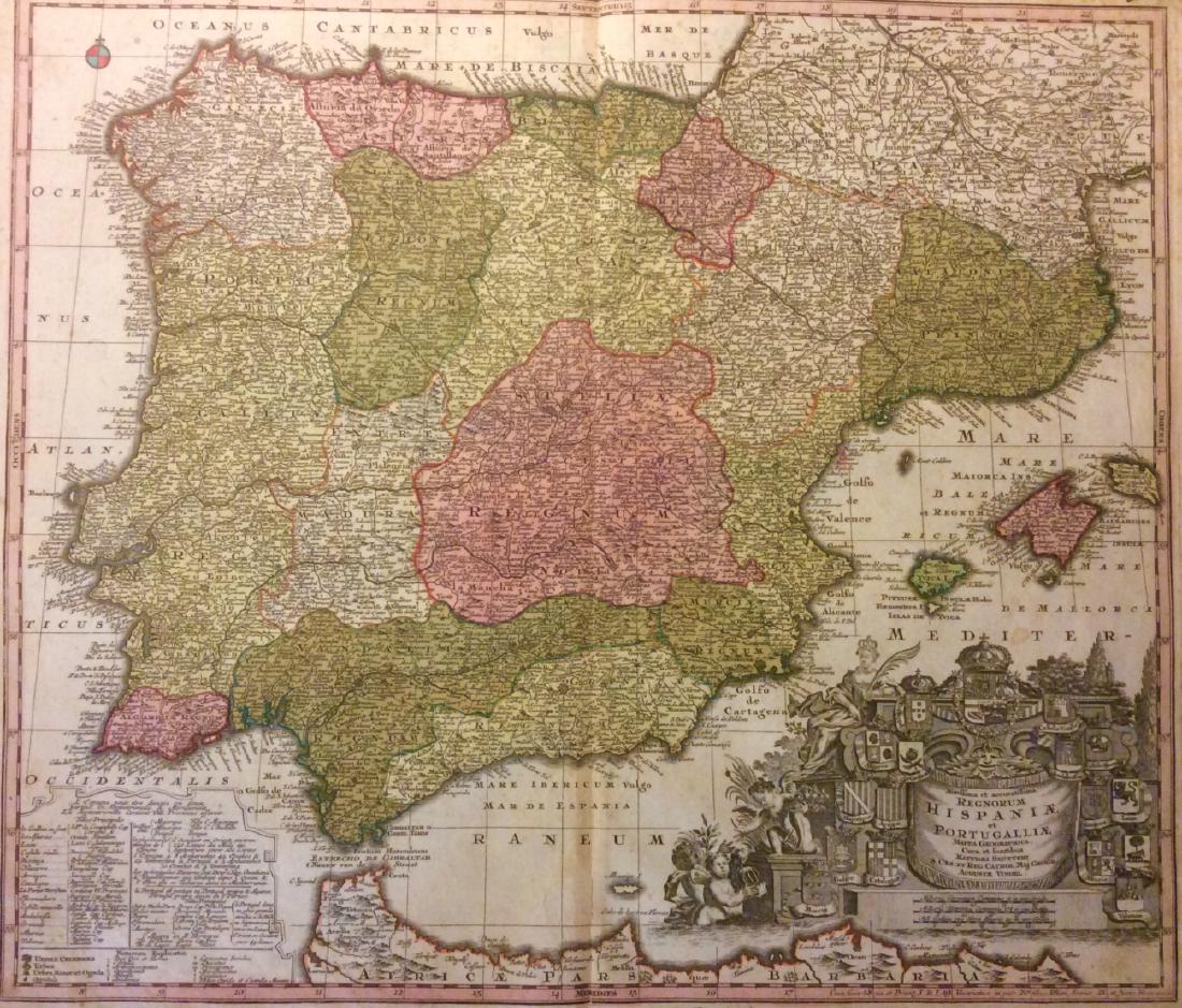 Antique Map of Spain and Portugal by Seutter: Title/Content of Map: Spain and Portugal by Seutter Date Printed: c1740 Cartographer: Seutter Material/Medium: Paper Size: 19" x 23" Provenance: New York Published in Ausburg Germany. Copperplate engr