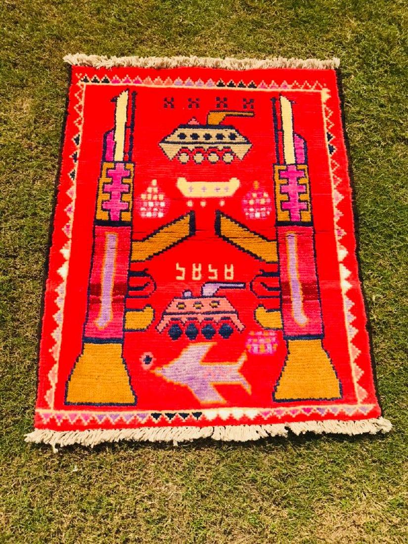 Vintage Hand Knotted War Pictorial Wool Rug 2.6x2 (1 of 5)