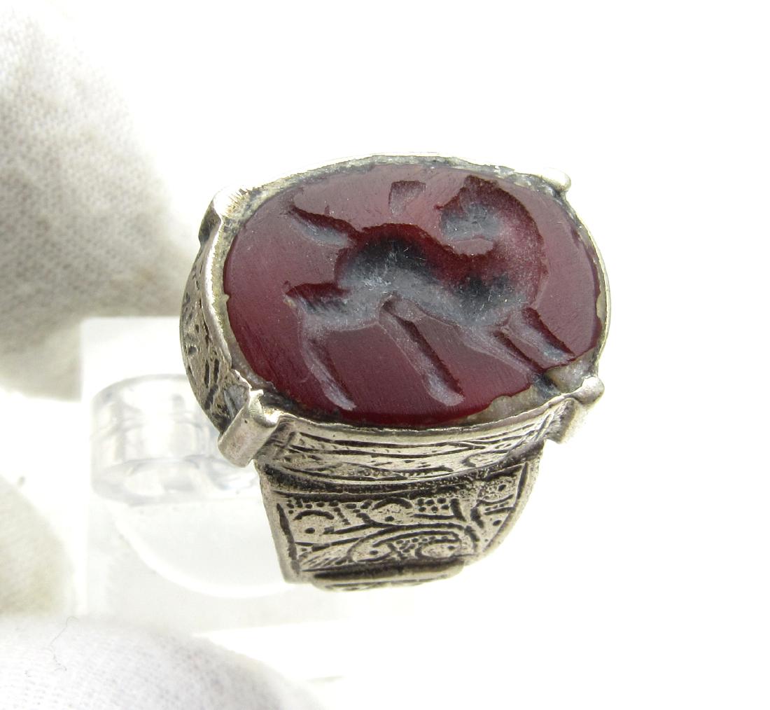 Post Medieval Silver Decorated Ring with Intaglio Beast (1 of 4)