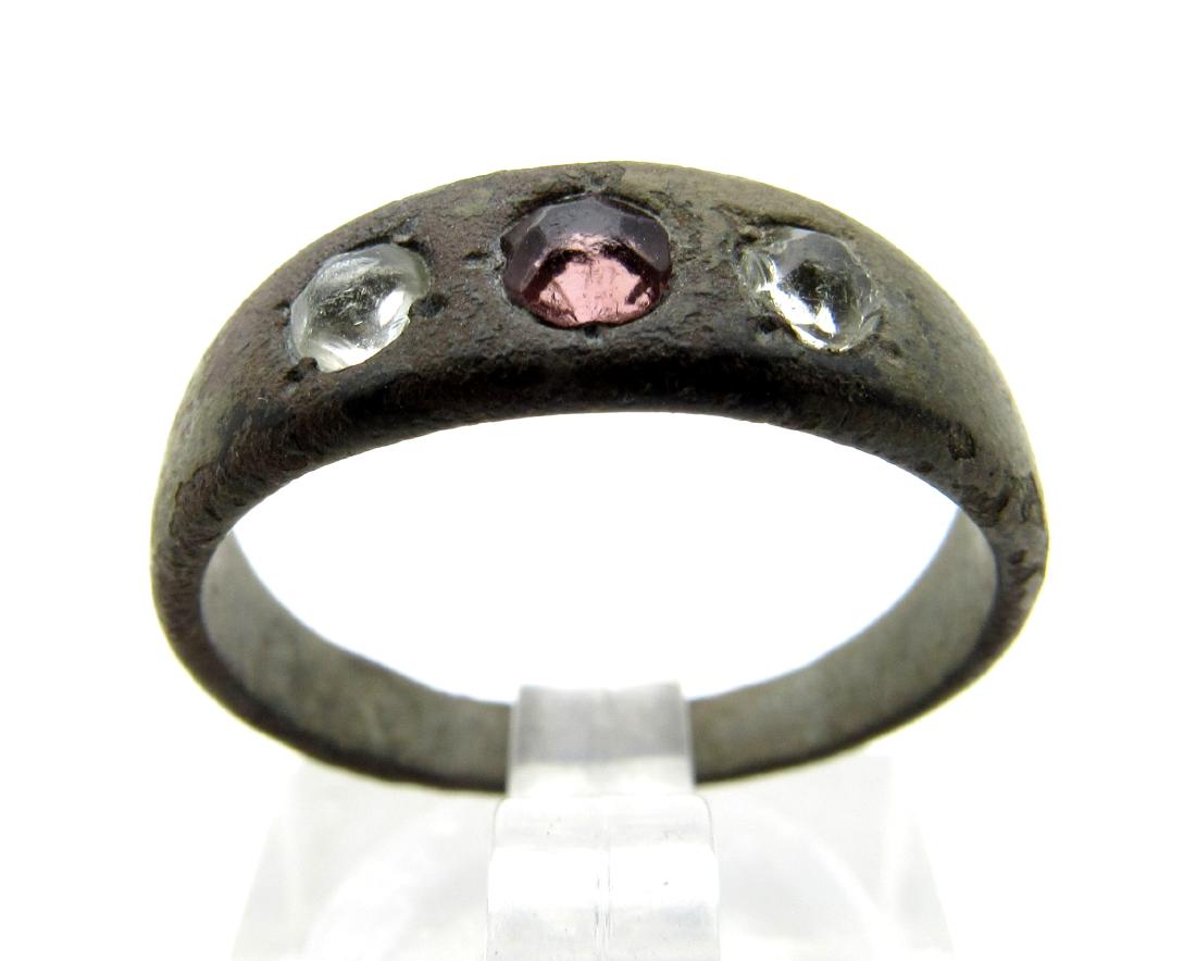 Post Medieval Bronze Decorated Ring with Stones - (1 of 4)