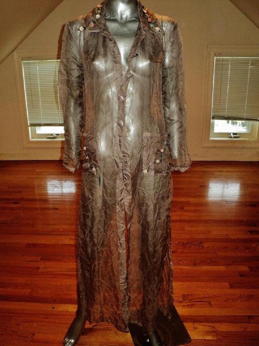 Vtg Amazing Sue Wong Layering Organdy Crinkled Maxicoat: This one is a stunner all layering see through Organdy crinkled maxi Sue Wong coat with hand beaded flowers all throughout. In a Taupe antique look has pockets and buttoned front. No pictures can do t