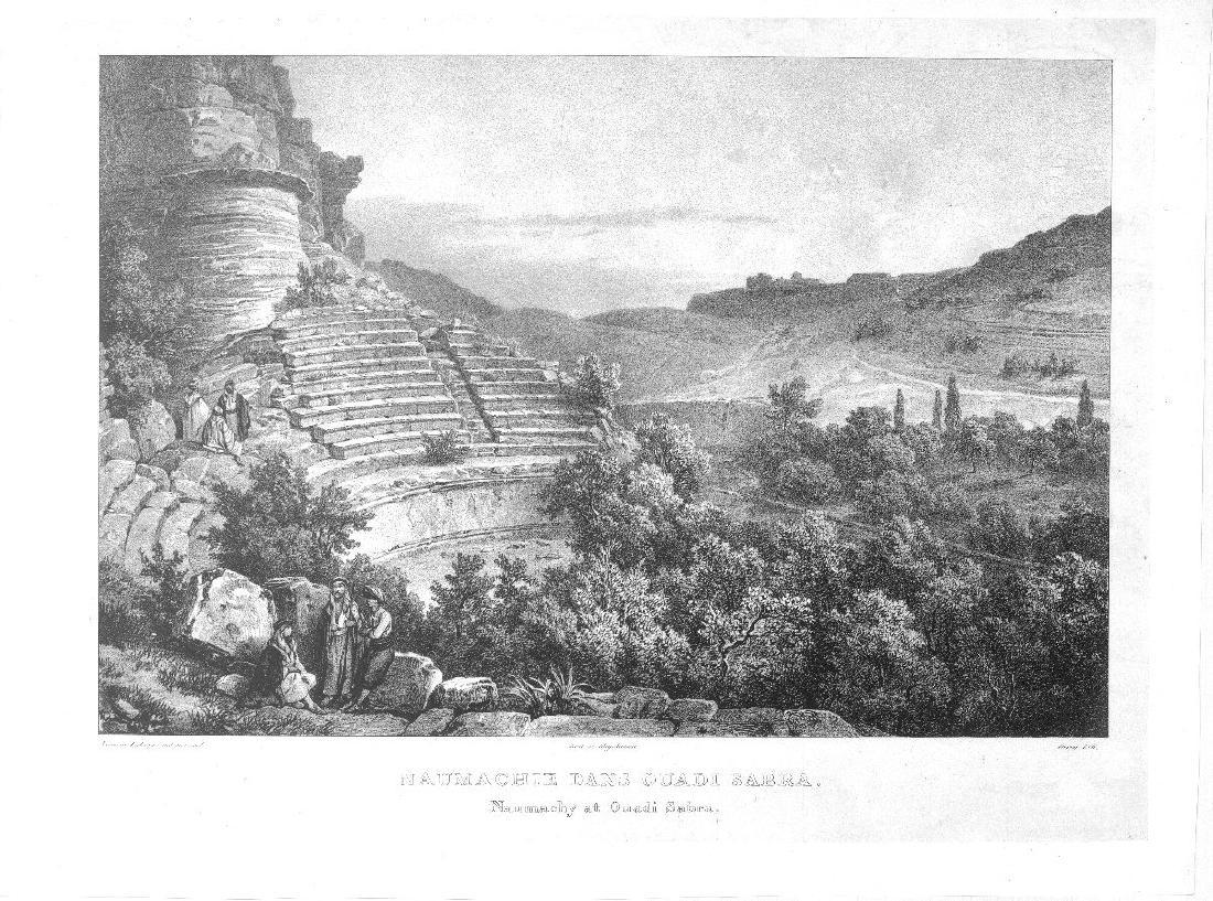 Laborde / Deroy: Roman Theater near Petra, Jordan: Map: Naumachie dans Ouadi Sabra Cartographer: Laborde/Deroy Place & Date: Paris / 1830/1834 Size: 15" x 11 3/8" Condition: b&w; printed on china paper and backed; light overall age toning and minor sm