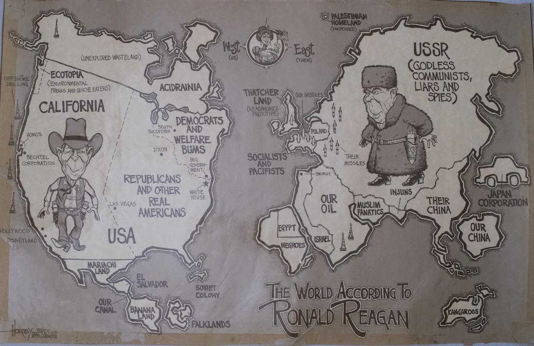 1982 Horsey Pictorial Map of the World According to: Title/Content of Map: 1982 Horsey Pictorial Map of the World According to Ronald Reagan -- The World According to Ronald Reagan Date Printed: 1982 Cartographer: D Horsey / Seattle Post-Intelligencer S