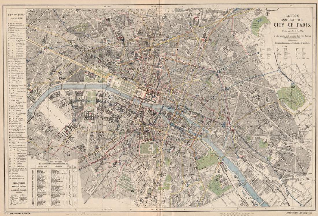 PARIS antique town city map plan. Omnibus routes. (1 of 2)