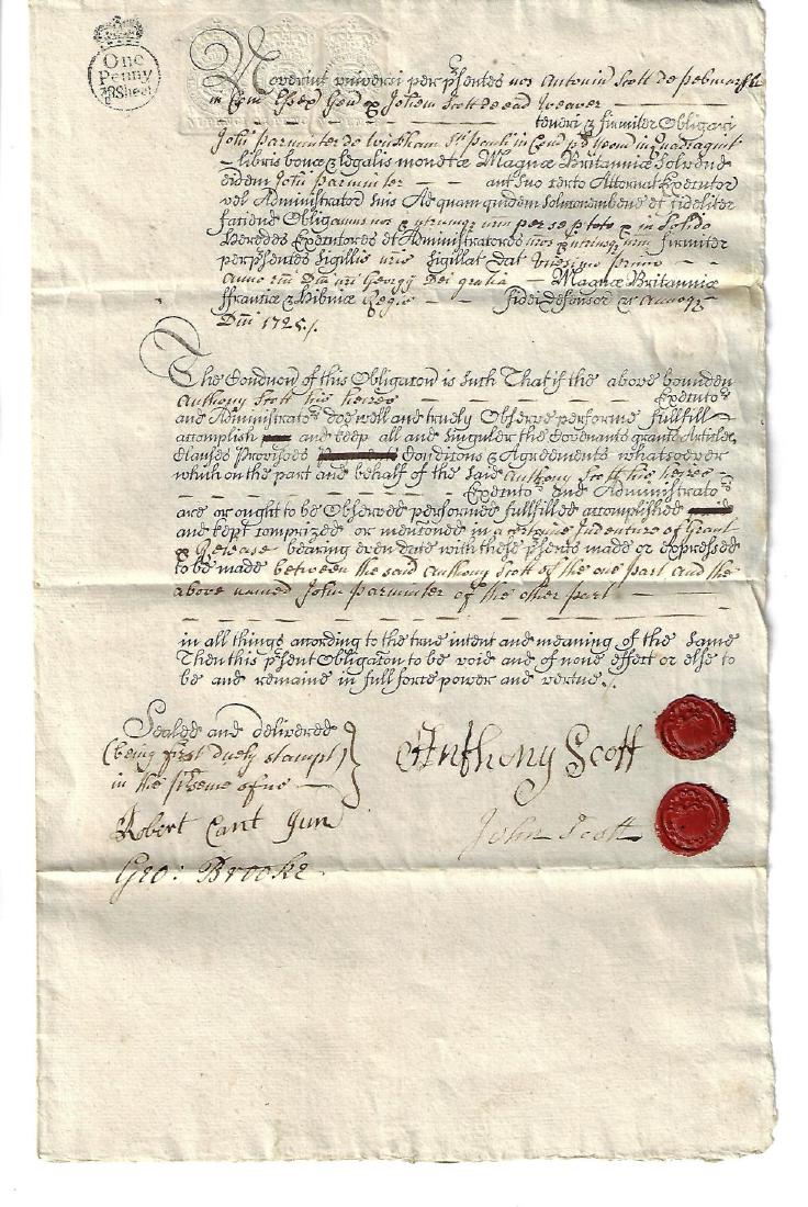 1725 English Performance Bond Two Red Wax Seals: 1725 Fine Performance Bond, partially printed, with two red wax seals, whereby John Parminter is bound to Anthony and John Scott. One page with integral blank attached. Measures 8 x 12”. Please note