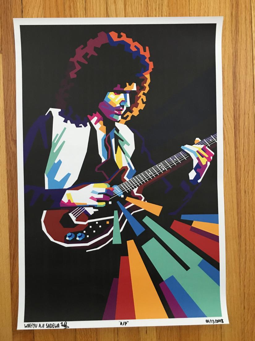 FIRST TIME OFFERED IN THE USA - BRIAN MAY - ARTIST: FIRST TIME OFFERED IN THE USA - BRIAN MAY - ARTIST PROOF 15 x 22 Artist Proof Signed by Artist Dated by Artist High Quality Artist Proof Gicleé Print Glossy stock Printed in Indonesia Never before pr