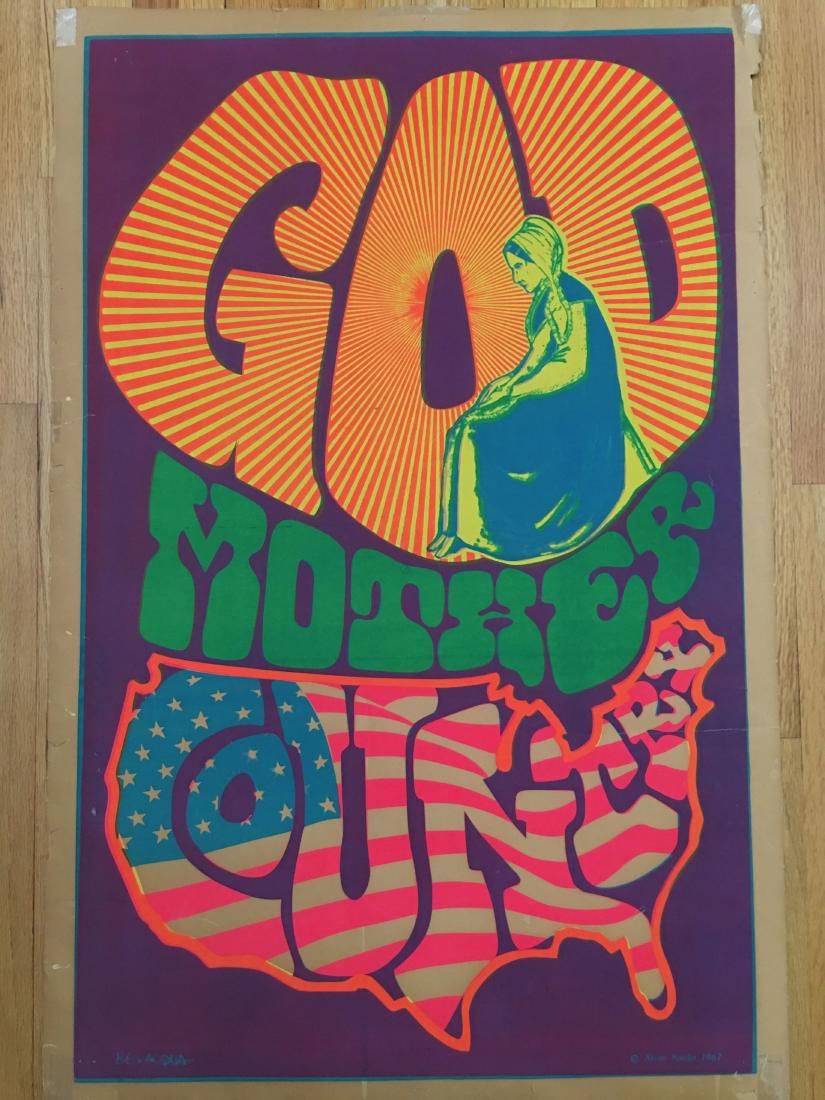 GOD MOTHER COUNTRY - 1967 - SACHS: GOD MOTHER COUNTRY - 1967 - By famous poster artist Steve SACHS. Very old and paper is browning. Rare as all get out !!! PURCHASED FROM A HEAD SHOP THAT CLOSED IN THE 1970's. We have multiple dozens o