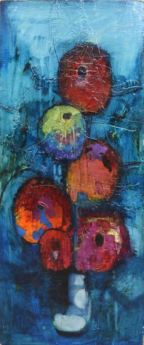 Crimson Glow by Donald Purdy (Oil on Masonite): DONALD PURDY (AMERICAN, b.1924) Crimson Glow Medium: Oil on Masonite Size: 48 x 20 in Unframed Signed by Artist This original still life by Donald Purdy depicts a vase