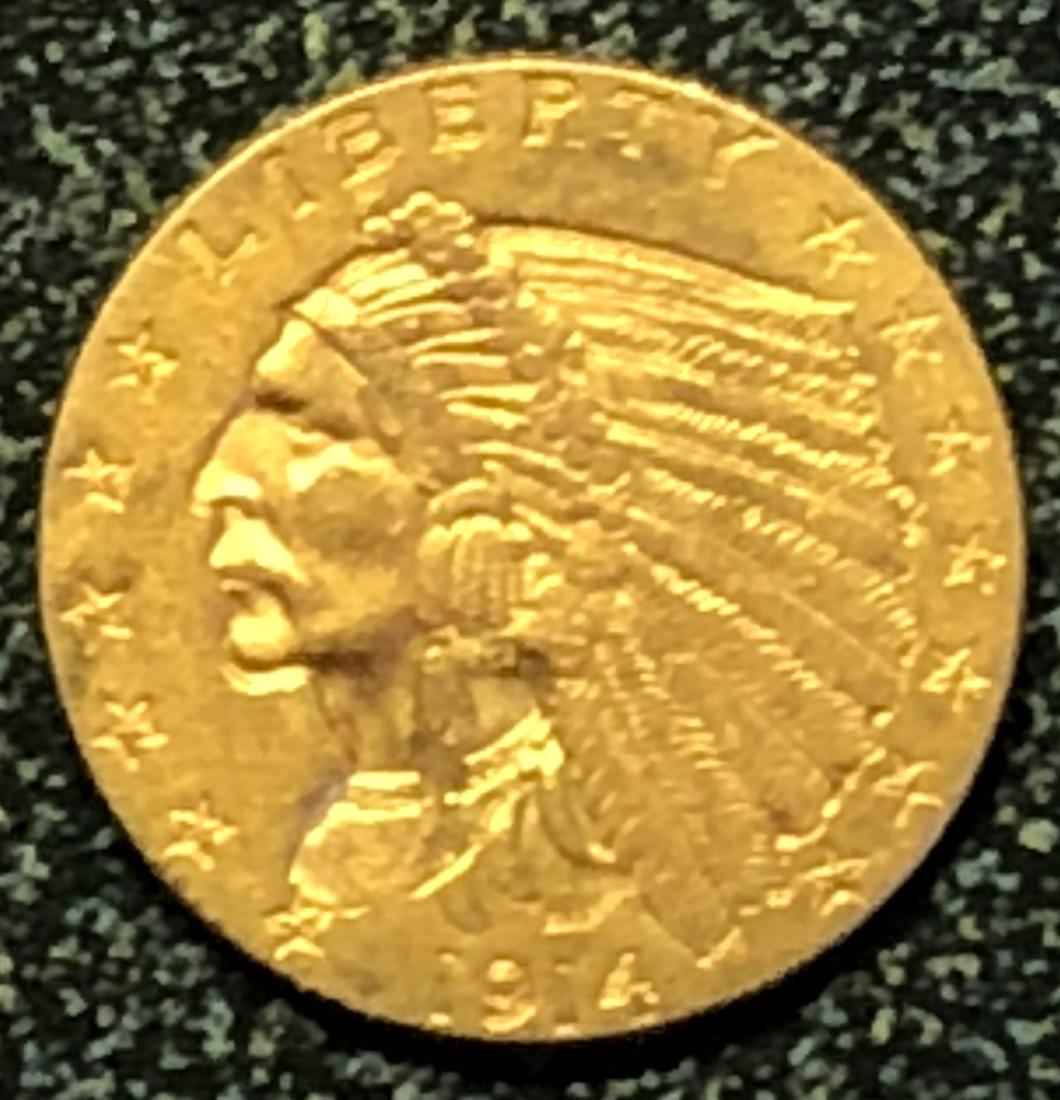 1914 Gold Quarter Eagle - Key date. Bright Luster: 1914 Gold Quarter Eagle - Bright Luster & Sharp Strike. Great coin BU++ Photos are of the same coin trying to show the full lusted but then taking the color out to see more detail. Hope that helps. Pl