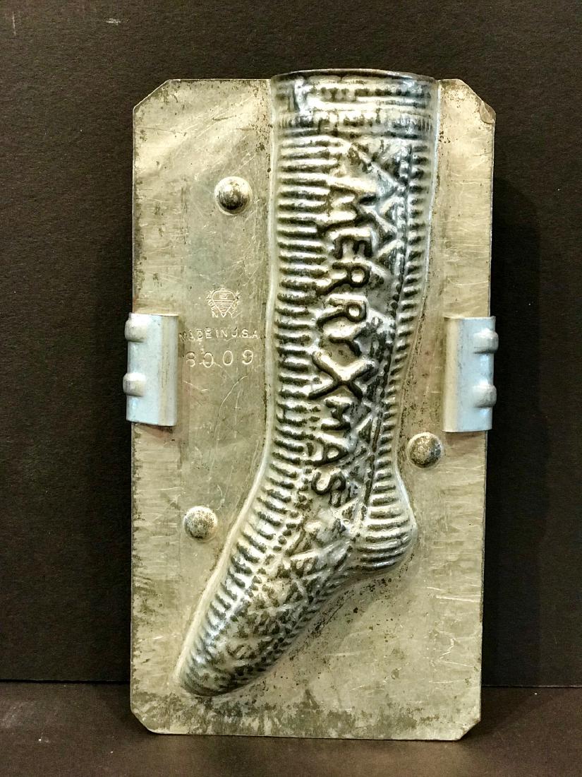 “Merry X-mass” Stocking Chocolate Mold, Early 20th c (1 of 2)