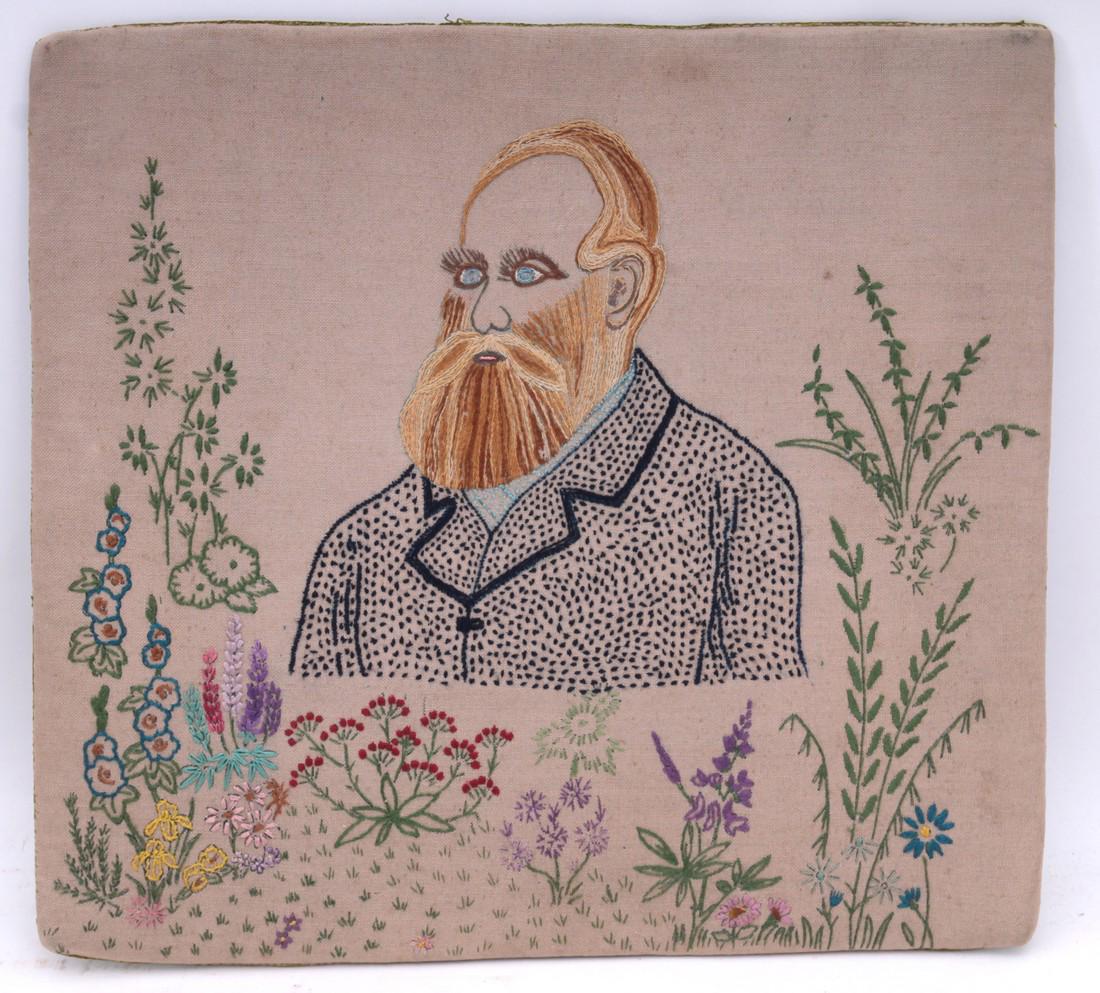 Gentleman Embroidery: Folk art embroidered gentleman portrait surrounded by flower garden. Original paper label on back, dated 1934. 1930s Size: 14" W x 0.38" D x 12.75" H Please note that this lot has a confidential reser