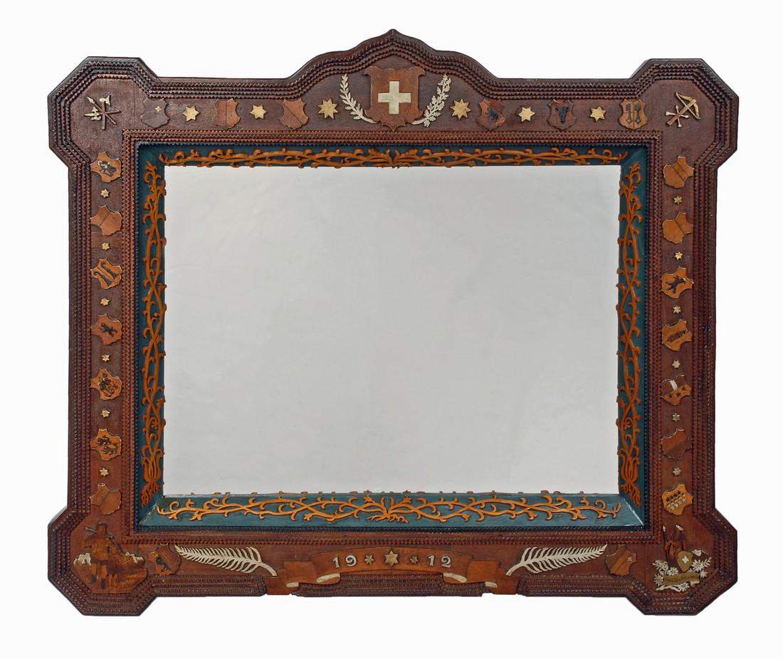 Dated 1912 Tramp Art Mirror with Figural Carvings (1 of 7)
