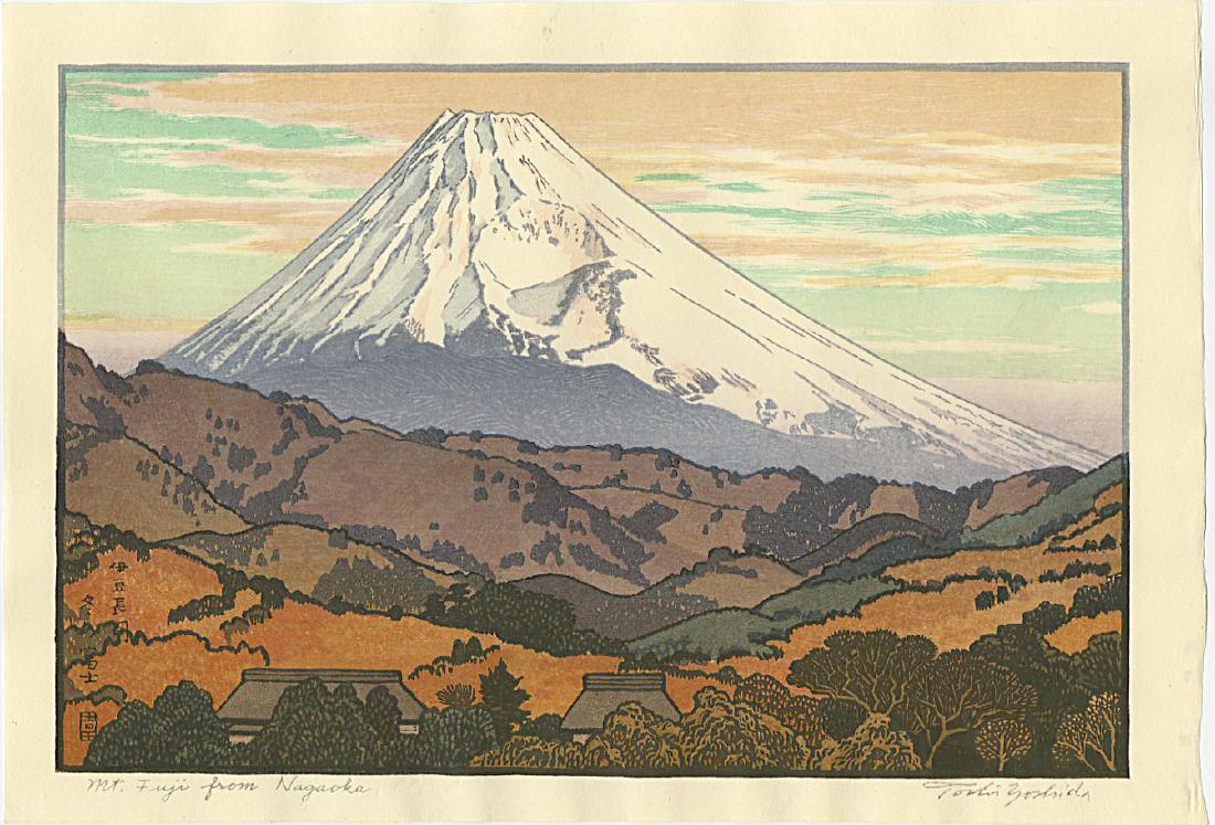 Toshi Yoshida Woodblock Mt. Fuji from Nagaoka: Artist: Toshi Yoshida Title: Mt. Fuji from Nagaoka Publisher: Yoshida Studio Date: 1962, this later embossed signature edition Medium: Japanese Woodblock Print Size: oban, 14.25 x 9.75 inches TOSHI YO