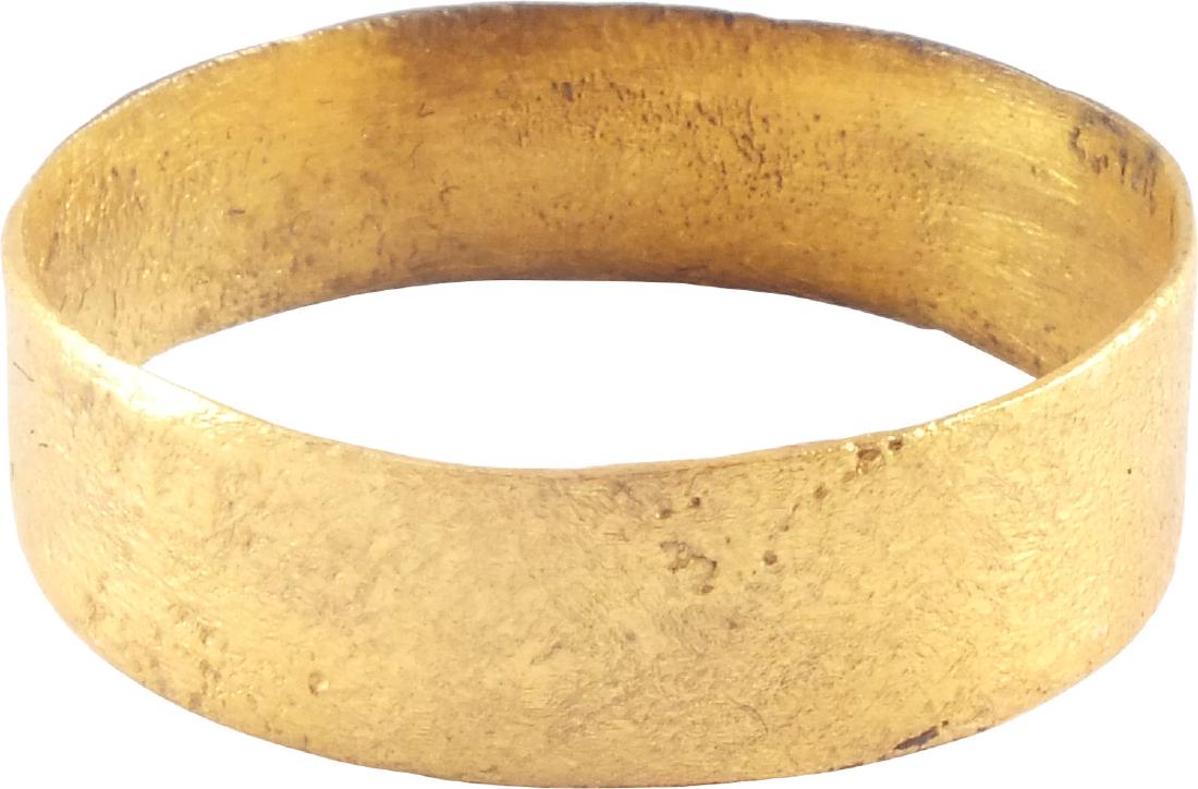 VIKING MAN’S WEDDING RING 850-1050 AD: Gilt bronze. Size 13 1/2, suitable for a large man. Broad flat band. Professionally refurbished with the gold overlay restored. Vikings exchanged wedding rings on the pommel of the groom’s sword. It