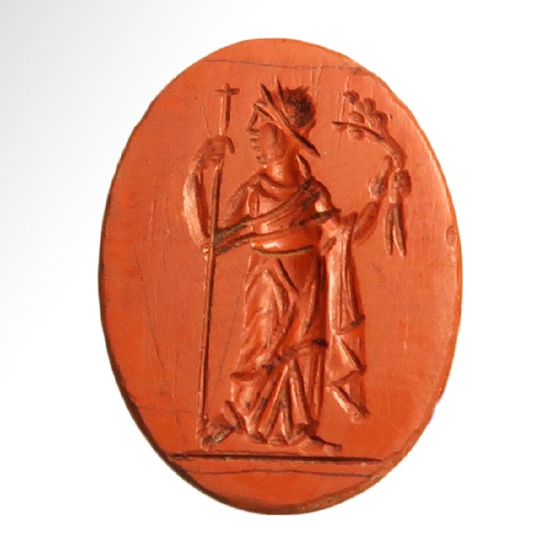 Roman Intaglio with the Goddess Ceres, c. 2nd Century: Roman Intaglio with the Goddess Ceres, c. 2nd Century A.D. Roman, c. 2nd Century A.D. Cornelian intaglio finely engraved with the figure of the goddess Ceres (Greek Demeter) holding a sceptre in one h