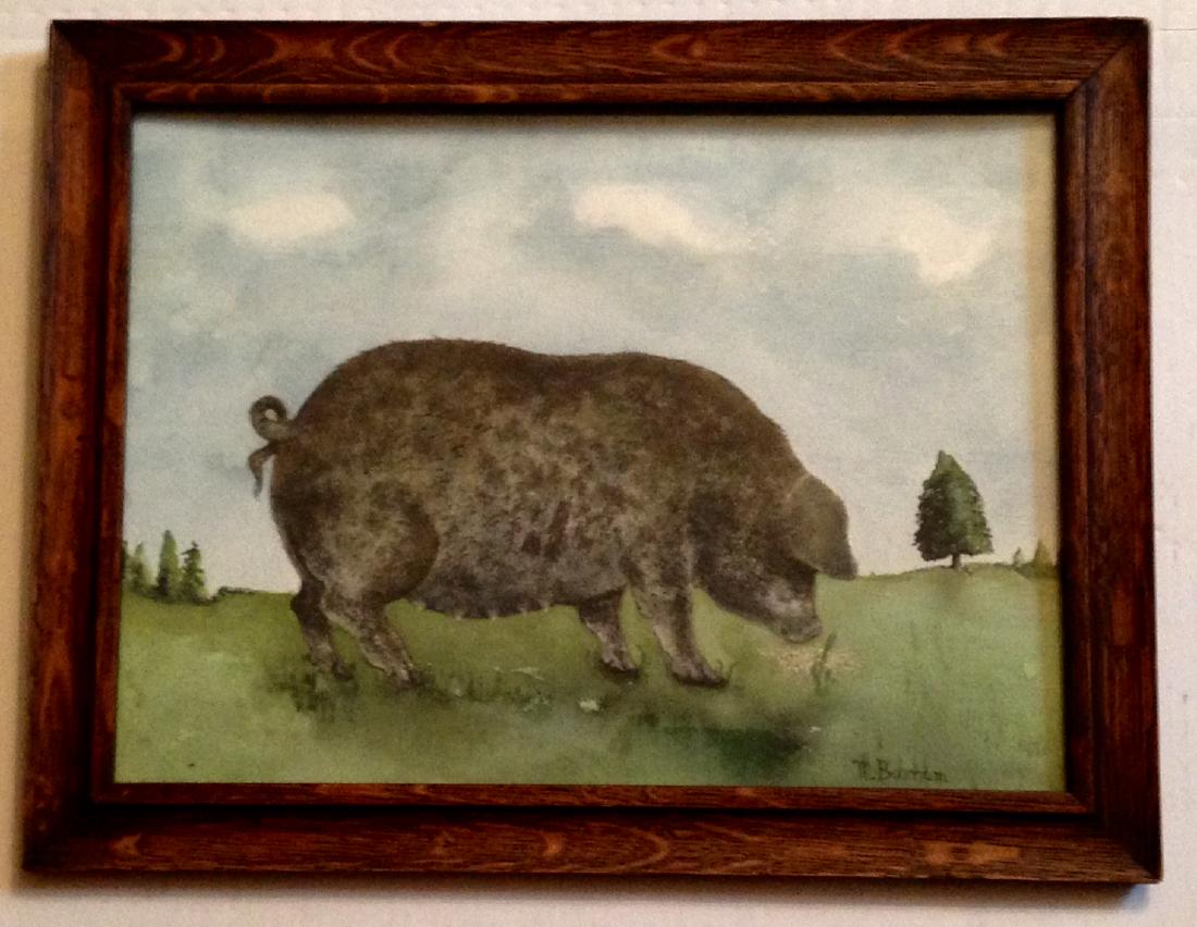 Pig Watercolor 1940's: Circa 1940 well done pig watercolor. Original oak frame. Written on back "Low Pig City ". "Cazenovia". Total framed size is 15" x 19 1/2". Please note that this lot has a confidential reserve. When yo