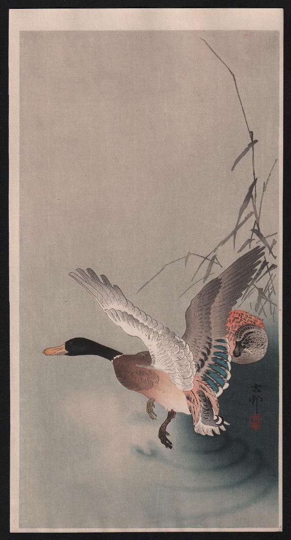 Ohara Koson Woodblock Mallards: Artist: Ohara Koson Subject: Mallards Date: c.1910's Medium: Japanese Woodblock Print Size: Measures 7.5" x 14.25" Condition: Excellent color, impression, condition. Ohara Koson (1877-1945) was a Japa