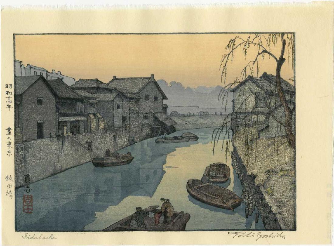 Toshi Yoshida Woodblock Iidabashi: Artist: Toshi Yoshida Title: Iidabashi Publisher: Yoshida Studio Date: 1939, this later embossed signature edition printed from the original blocks Medium: Japanese Woodblock Print Size: chuban, 10.5