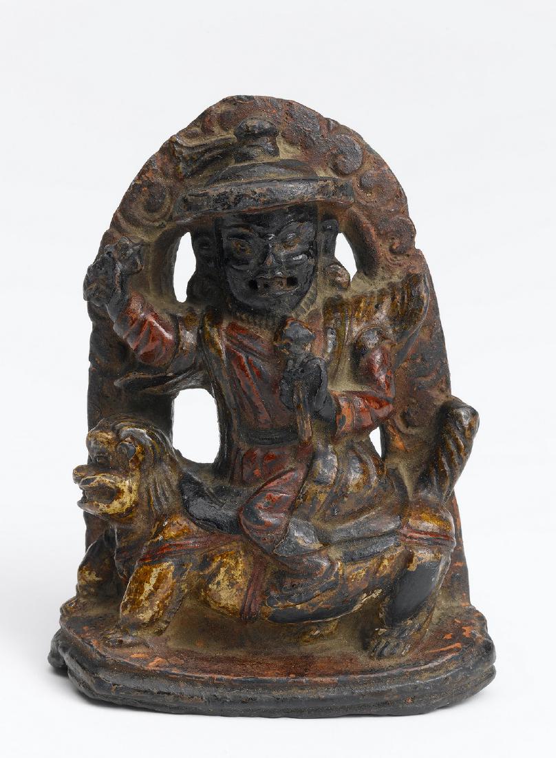Gyalpo Pehar: Item: Gyalpo Pehar Origin: Tibet Date: 17th century Materials: polychrome stone Size: height 4inch / 12cm According to Tibetan Buddhist myth, Gyalpo Pehar is a spirit belonging to the gyalpo class. Wh