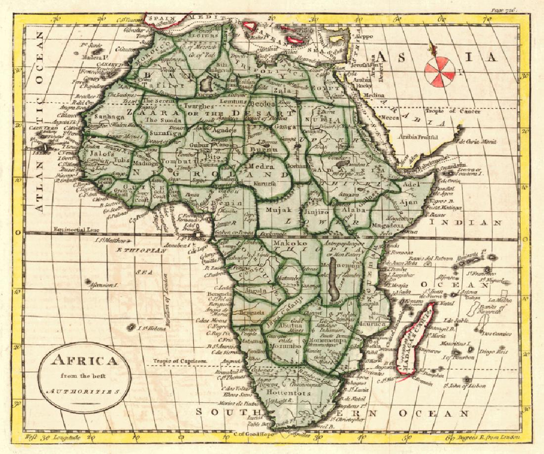 Kitchin: Antique Map of Africa, 1790: Title/Content of Map: Africa from the Best Authorities. Date Printed: 1790 Cartographer: KITCHIN, T. Size (inches): 19x25.3 Illustration map from Guthrie's Geography. Rather detailed. Polar projection