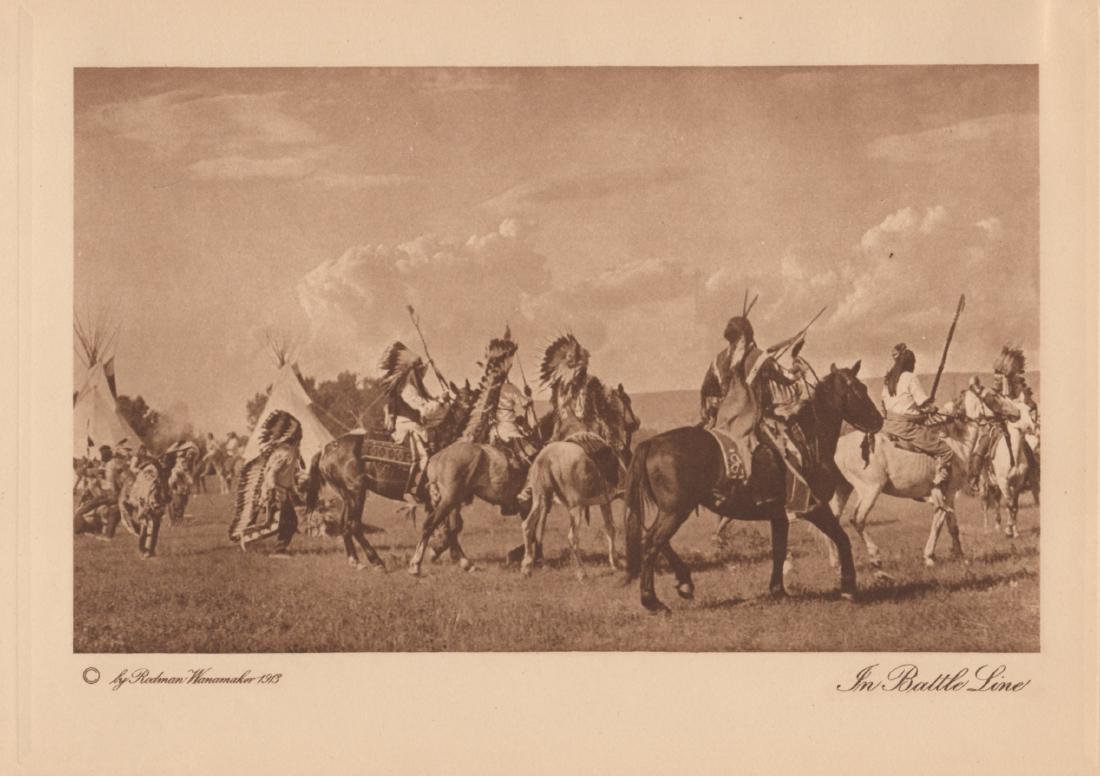 J.K. Dixon In Battle Line: Joseph K. Dixon. “In Battle Line.” From The Vanishing Race. The Last Great Indian Council. 1914. Sepia-toned photogravure. 4 1/4 x 7. Very good condition. Please note that this lot has a confident