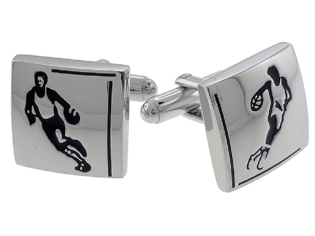 Thompson London Enamel Rhodium Basketball Cufflinks: Item: Thompson London Black Enamel Rhodium-plated Basketball Square Cufflinks Brand: Thompson London Black enamel basketball player design. Whale-tail Locking mechanism. Comes in a gift presentation b