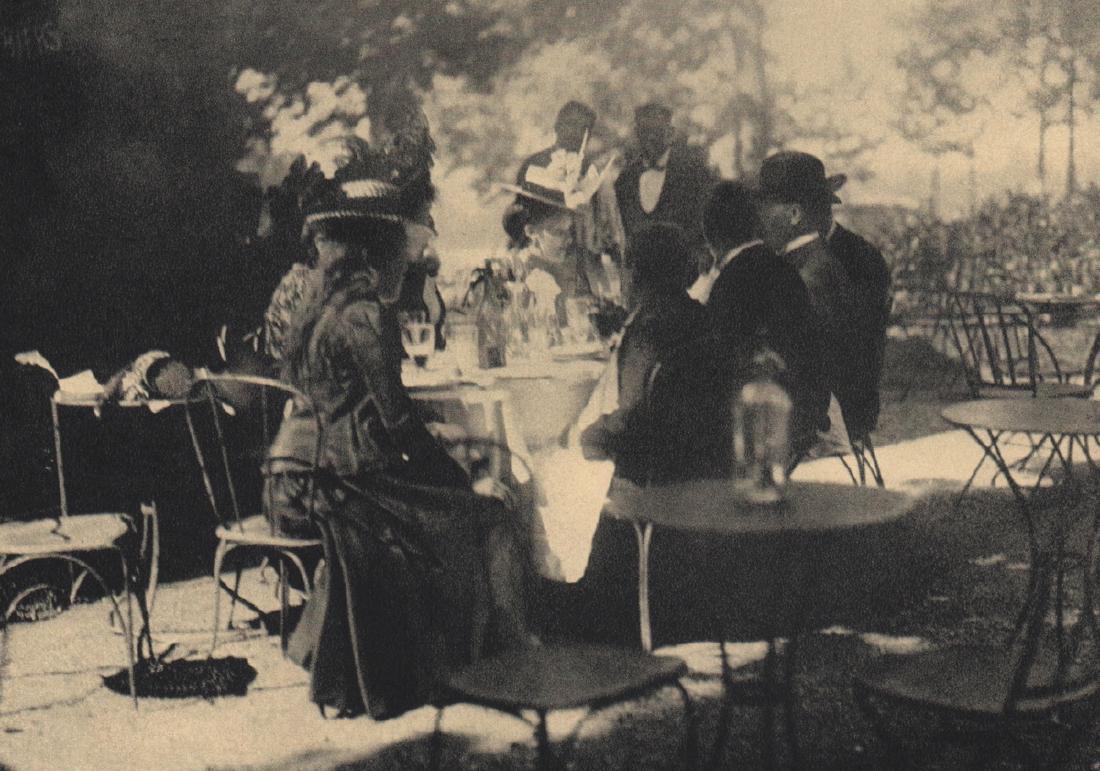 EUGENE ATGET - Café on the Champs-Elysees: Artist: EUGENE ATGET Print Title: Café on the Champs-Elysees, 1898 Medium: Sheet-Fed Gravure Printed in 1974 Printed in Switzerland Image Size: 6.5 x 4.75 inches Eugene Atget (1857-1927) was a pionee