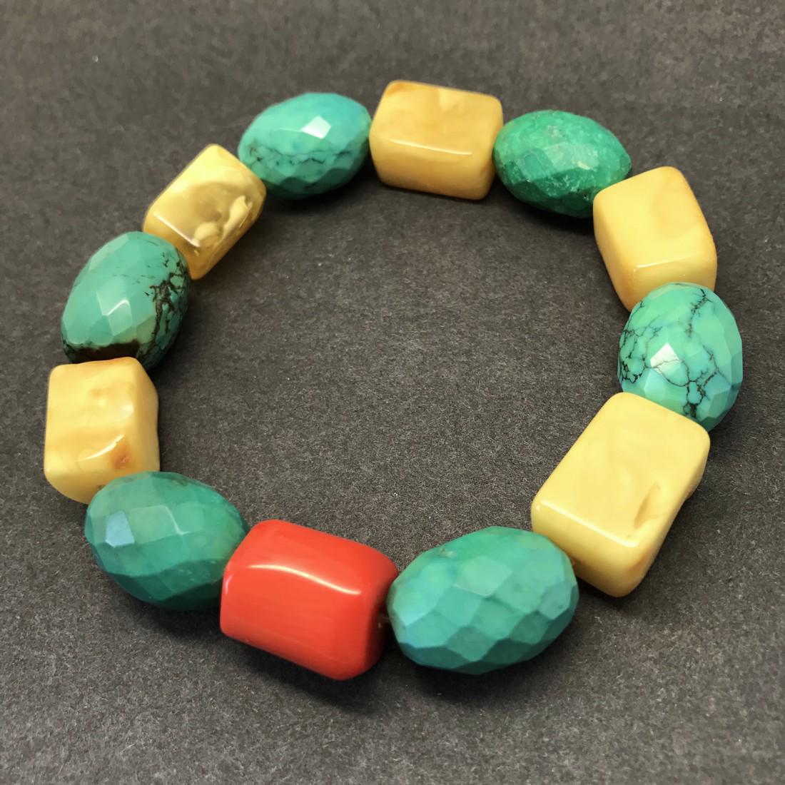 Vintage Baltic amber, turquoise & coral bracelet, 46 gr (1 of 7)