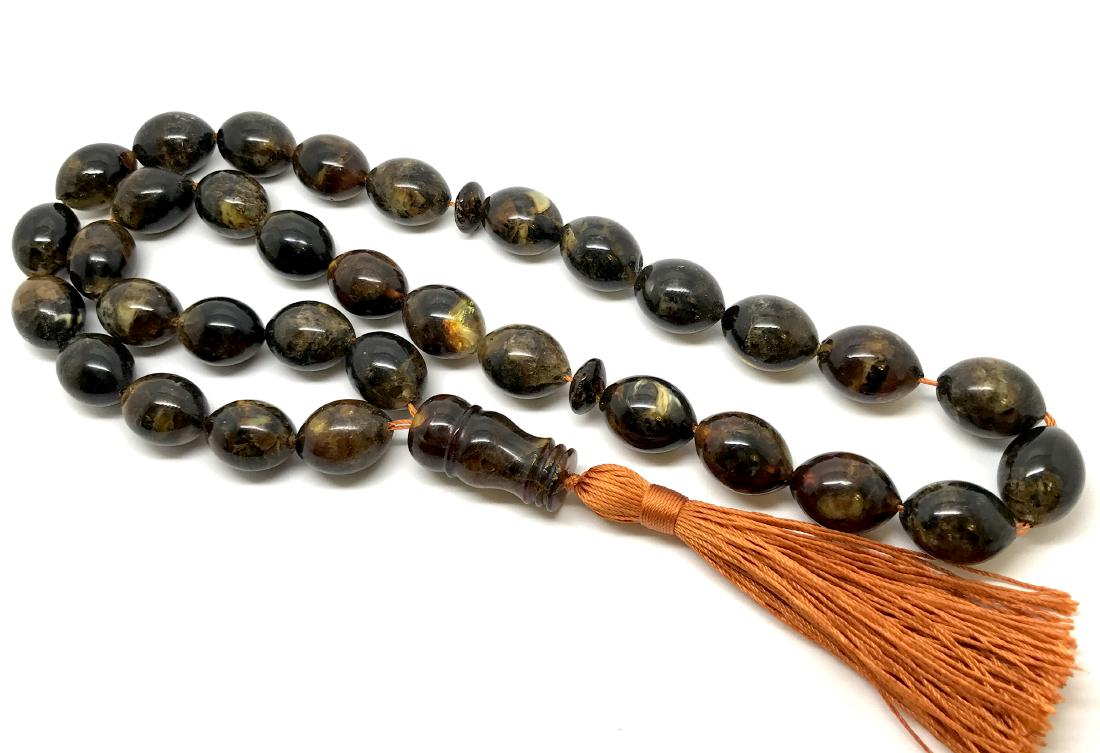 Baltic Amber Muslim Rosary Tesbih Marble Colour Olive (1 of 9)