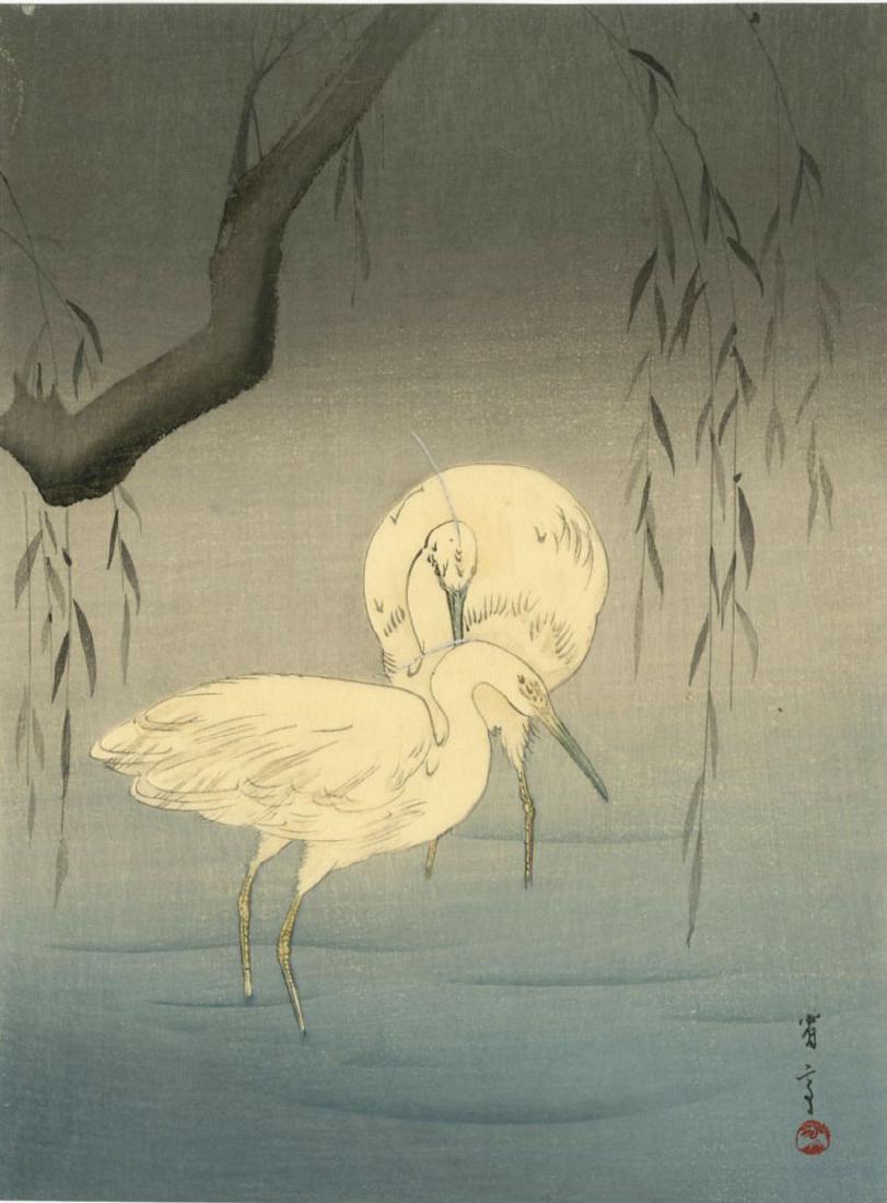 Seitei Watanabe Woodblock Two Herons Beneath a Willow: Artist: Seitei Watanabe Title: Two Herons Beneath a Willow Publisher: Shima Art Co. Date: c. 1930s Medium: Japanese woodblock print Size: chuban, 8.5 x 11 inches Provenance: from the Robert O. Muller 
