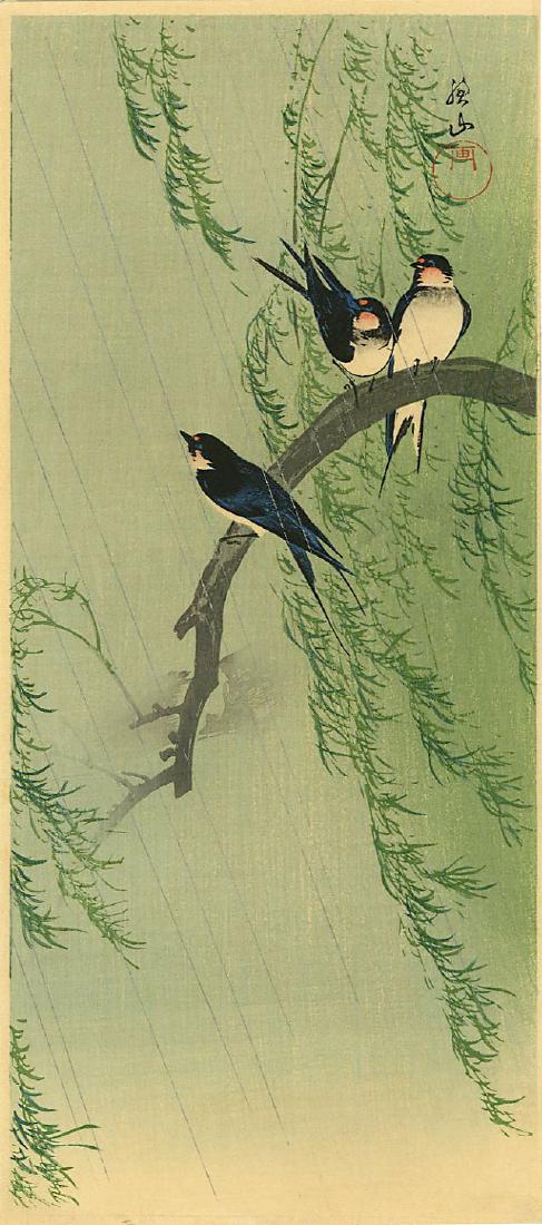 Sozan Ito Woodblock Swallows and a Willow Tree in Rain (1 of 2)