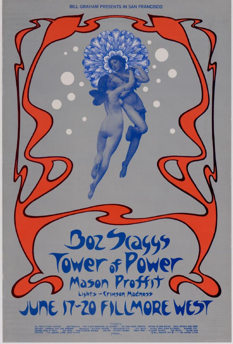 1st Edition - BG285 - Fillmore West 6/17-20/71: Title: 1st Edition - BG285 - Fillmore West 6/17-20/71 Artist: David Singer Printing Date: 1971 Size: 35x50cm Boz Scaggs, Tower of Power, Mason Proffit Please note that this lot has a confidential rese