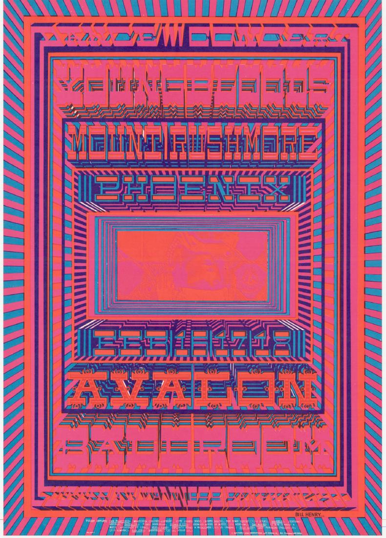 1st Edition - FD106 - Mount Rushmore - Avalon Ballroom: Title: 1st Edition - FD106 - Mount Rushmore - Avalon Ballroom 2/16-18/68 Artist: William Henry Printing Date: 1968 Size: 35x50cm Youngbloods, Phoenix Please note that this lot has a confidential reser
