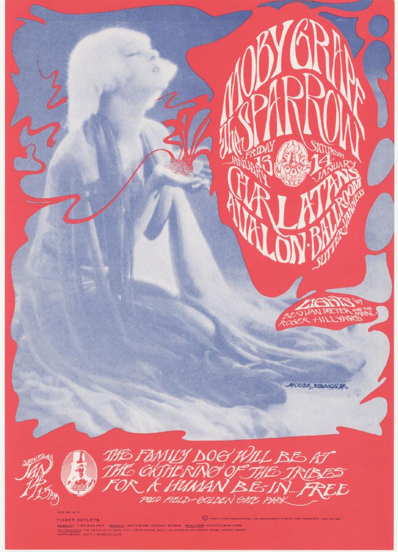 1st Edition - FD 43 MOBY GRAPE - AVALON BALLROOM: Title: 1st Edition - FD 43 MOBY GRAPE - AVALON BALLROOM 1/13-13/67 Artist: Stanley Mouse, Alton Kelley Printing Date: 1967 Size: 36x51cm Moby Grape, Sparrow, Charlatans Please note that this lot has a