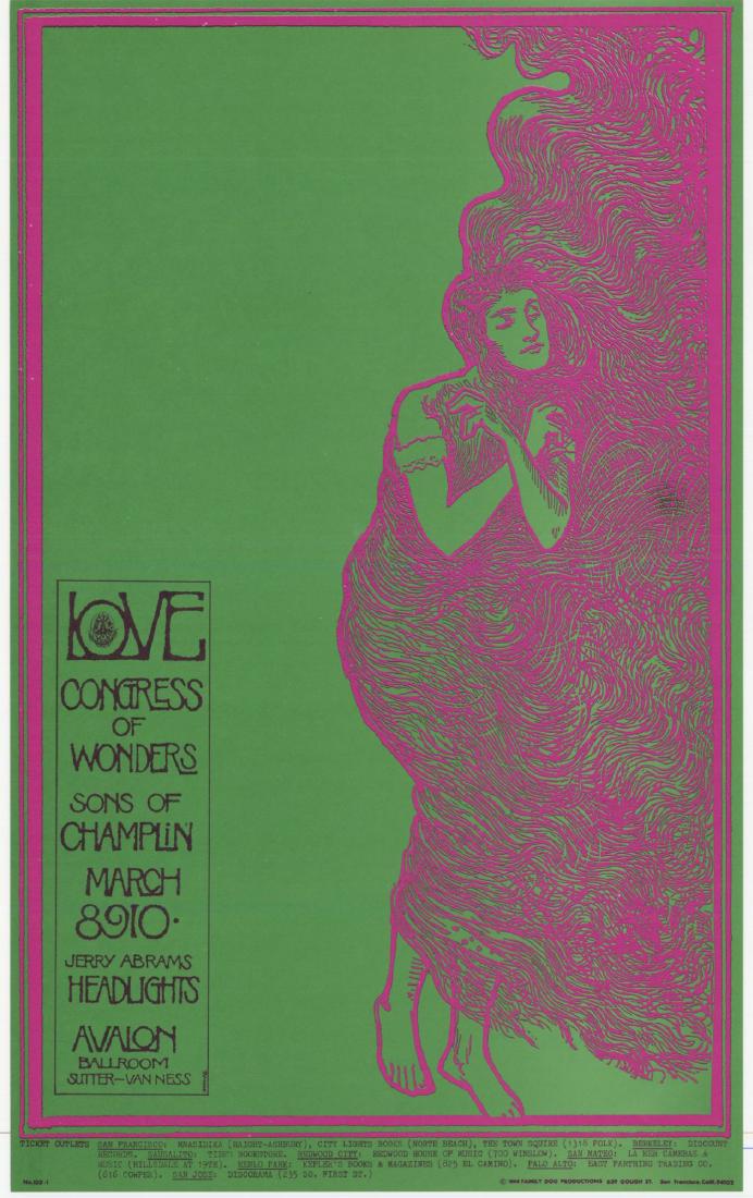1st Edition - FD109 - Avalon Ballroom 3/8-10/68: Title: 1st Edition - FD109 - Avalon Ballroom 3/8-10/68 Artist: Stanley Mouse, Alton Kelley Printing Date: 1968 Size: 30x50cm Love, Congress of Wonders, Sons of Champlin Please note that this lot has a