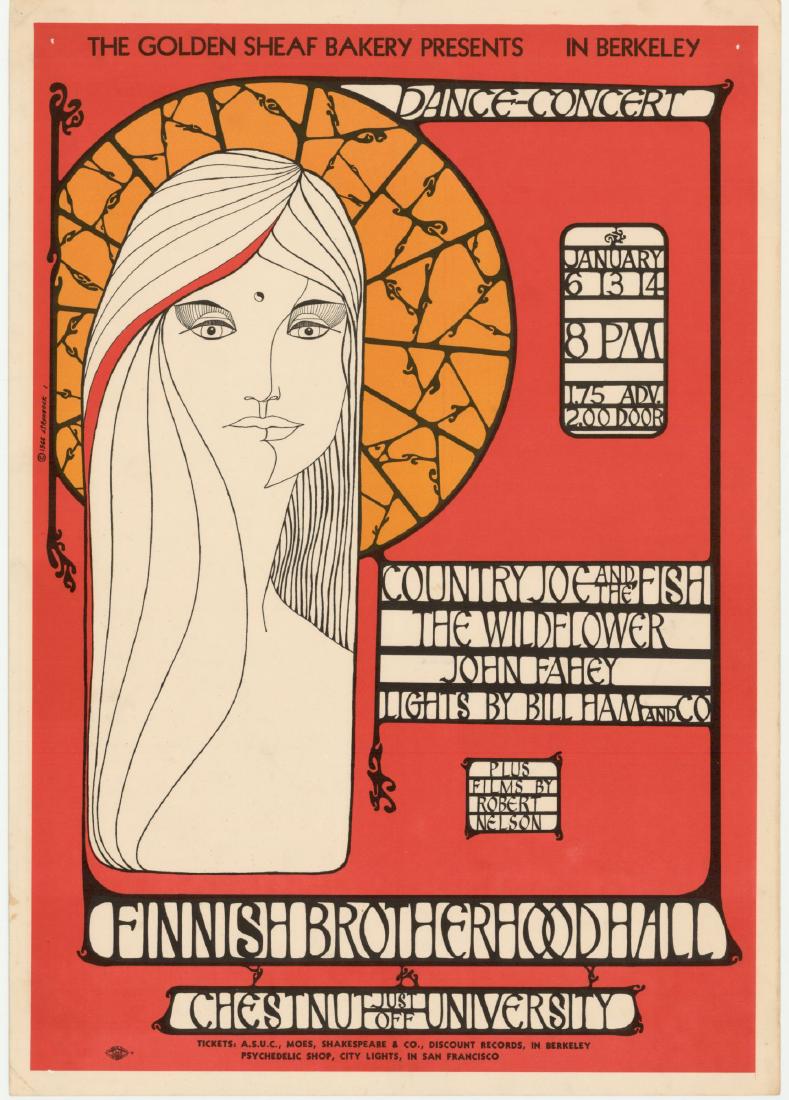 AOR2.270 FINNISH BROTHERHOOD HALL: Title: AOR2.270 FINNISH BROTHERHOOD HALL Artist: Loren Rehbock Printing Date: 1967 Size: 34.5x51cm Country Joe & the Fish, Wildflower, John Fahey Please note that this lot has a confidential reserve. 