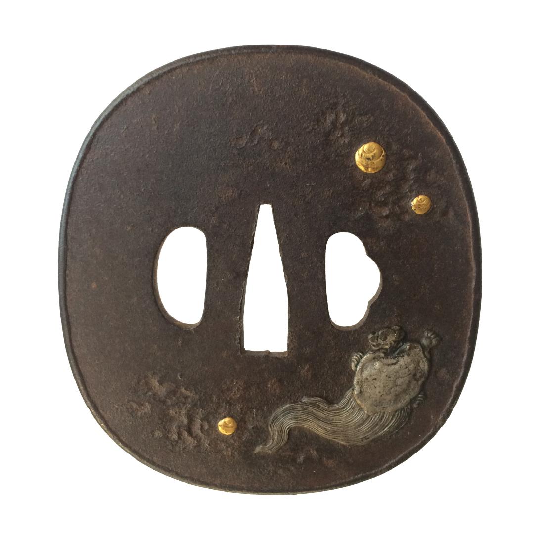 Iron tsuba with gold and silver inlay: Item: Iron tsuba with gold and silver inlay Origin: Japan Date: Edo period Materials: Iron, silver, gold Dimensions: Height: 84.8 mm; Width: 79.2 mm; Thickness: 3.3 mm; Weight: 144 g Iron tsuba of elo