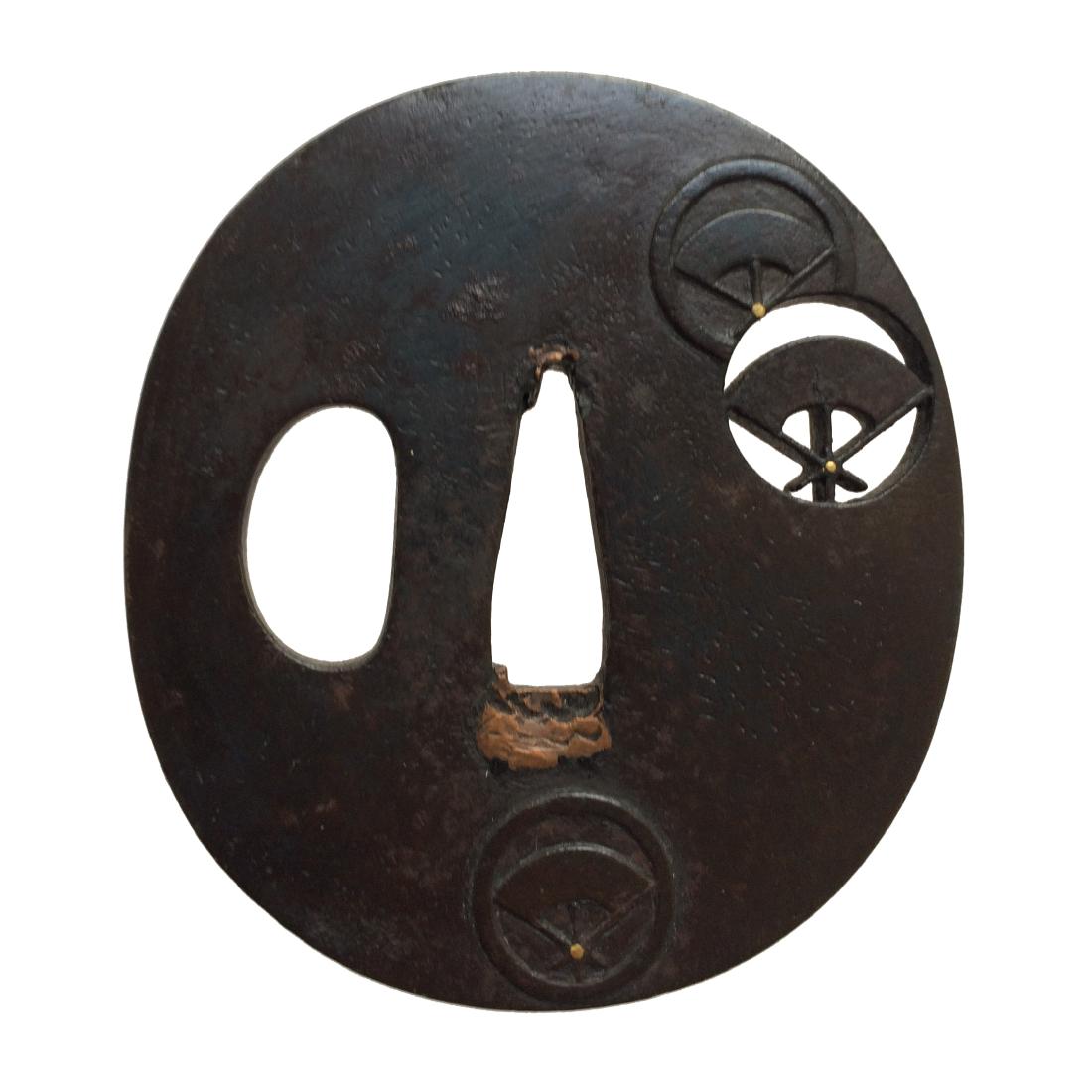 Iron sukashi tsuba with folding fans (family crest) (1 of 3)