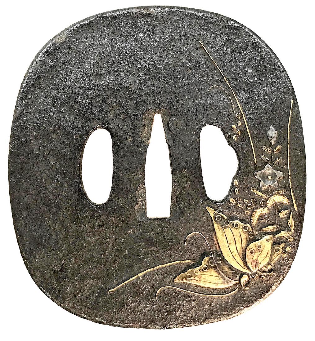 Large iron tsuba with brass, shibuichi, and gold inlay;: Item: Large iron tsuba with brass, shibuichi, and gold inlay; with provenance Origin: Japan Date: Edo period Materials: Iron, brass, shibuichi, gold Dimensions: Height: 85.0 mm; Width: 78.2 mm; Thickn