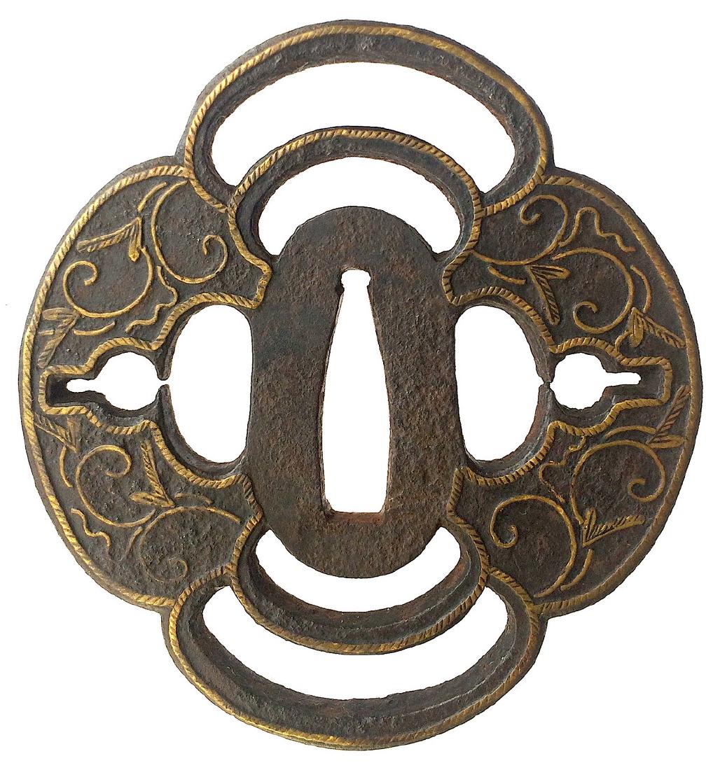 Heianjo School Iron Tsuba With Brass Inlay