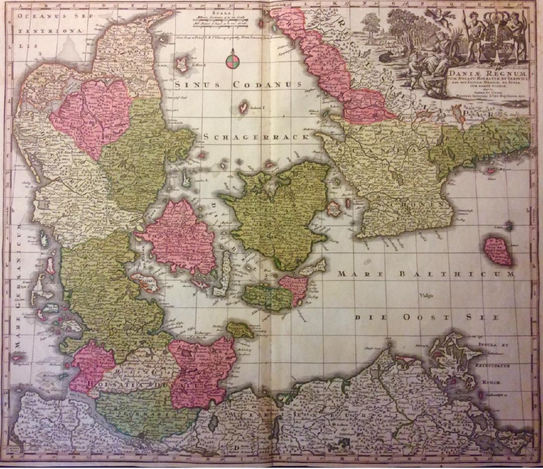Map of Denmark with Southern Sweden by Seutter: Title/Content of Map: Denmark with Southern Sweden by Seutter Date Printed: c1740 Cartographer: Matthaus Seutter Material/Medium: Paper Size: 23" x 19" Provenance: New York Original hand colored coppe