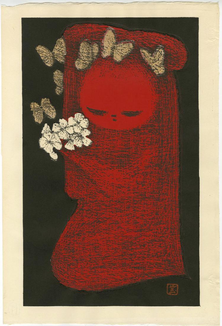Kawano Kaoru Woodblock Flowers and Butterflies: Artist: Kawano Kaoru Title: Flowers and Butterflies Publisher: Kawano Kaoru Date: 1950s Medium: Japanese woodblock print Size: 11.4 x 17 inches Please note that this lot has a confidential reserve. Wh