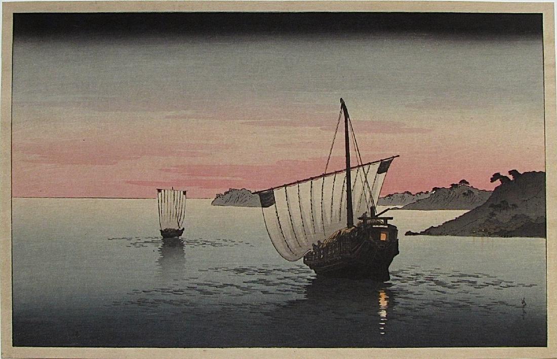 Shoda Koho Woodblock sail boat at night: Artist: Shoda KOHO (1871-1946) Subject: Sailboats on a bay Publisher: Nishinomiya Yosaku Signature: Koho Date: 1920s Medium: Japanese Woodblock Print Format: ôban, 37.9 x 24.3 cm Condition: Fine impr