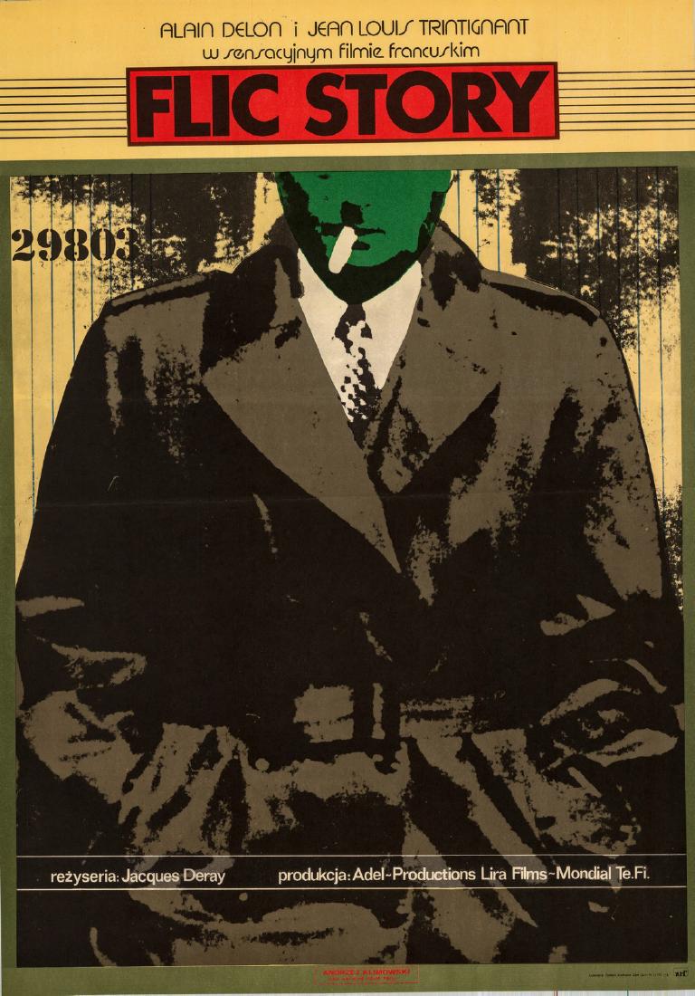Flic Story 1975 Polish Poster Alain Delon: This is a 22" x 32" Polish poster designed by Andrej Klimowski for the 1975 Jacques Deray film Flic Story AKA Dirty Money based on the autobiography of Roger Borniche, screenplay by Alphonse Boudard a