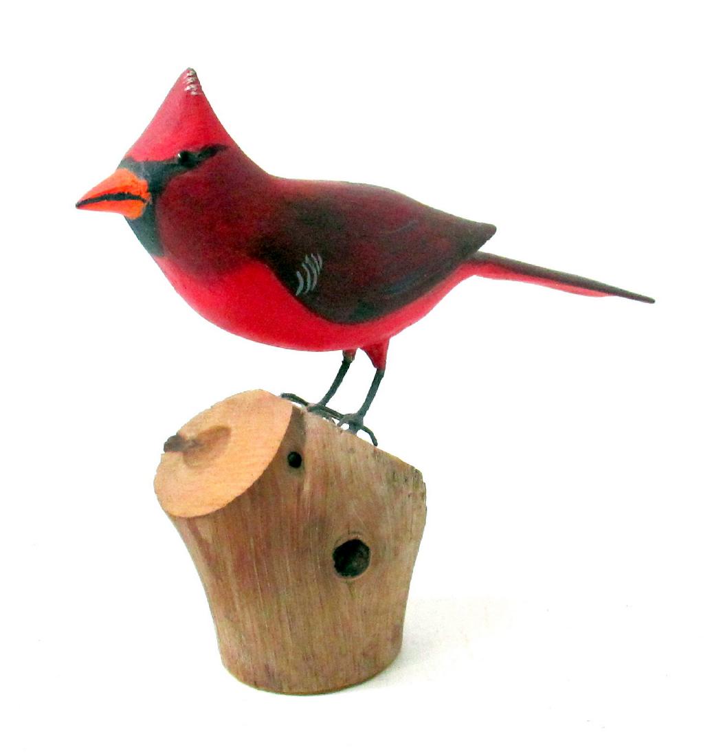 Vintage Carved Cardinal: Vintage Carved Cardinal 1970's Hardwood 5 3/4"H X 6"W X 1 3/4"D Dry original painted surfaces, wire legs, tiny glass eyes, driftwood base signed "NILS", backside. Nils was a Cape Cod, MA carver, worki